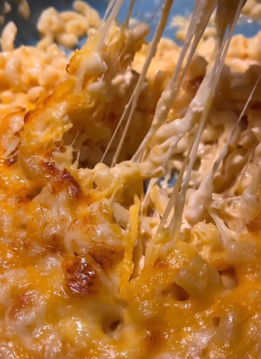 A close up shot of creamy mac n cheese.