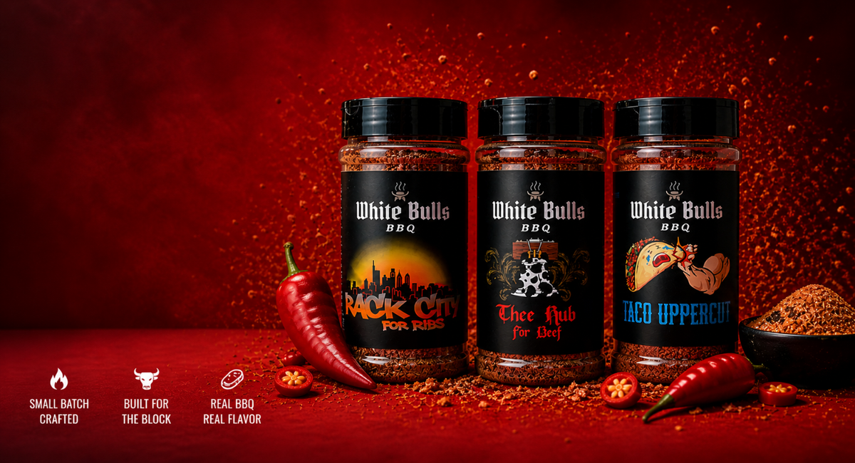 Three rubs lined up with a red background, showing peppers, ad beautiful raw ingredients. 