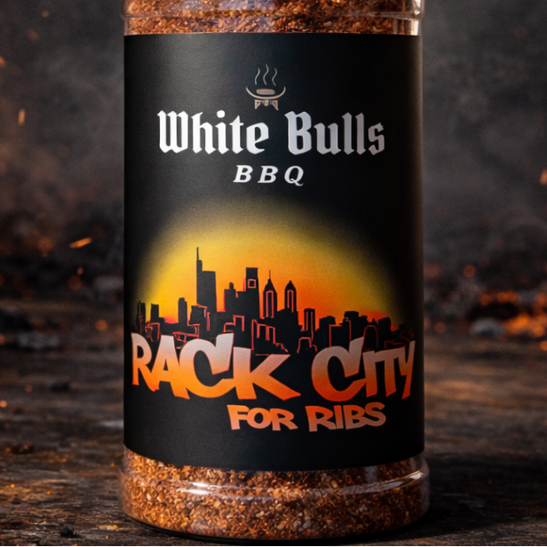 Jar of 'White Bulls BBQ Rack City for Ribs' spice mix with a fiery background