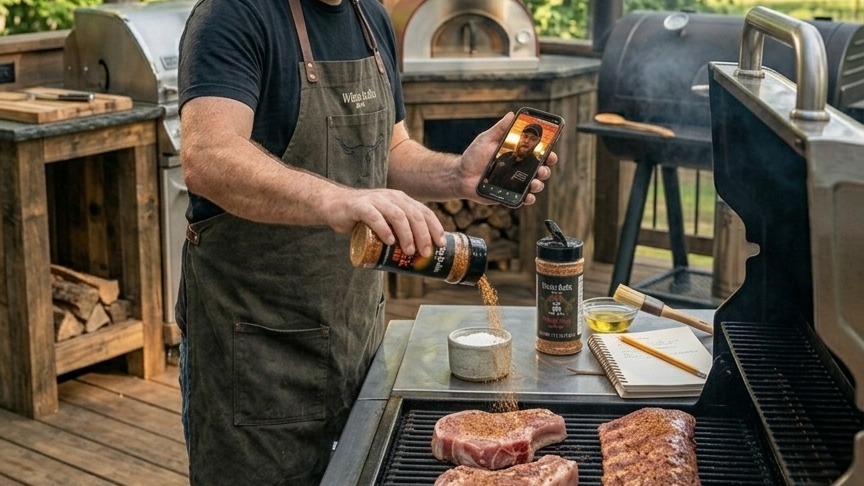 Man grilling meat on an outdoor patio with a wooden pergola and trees in the background.