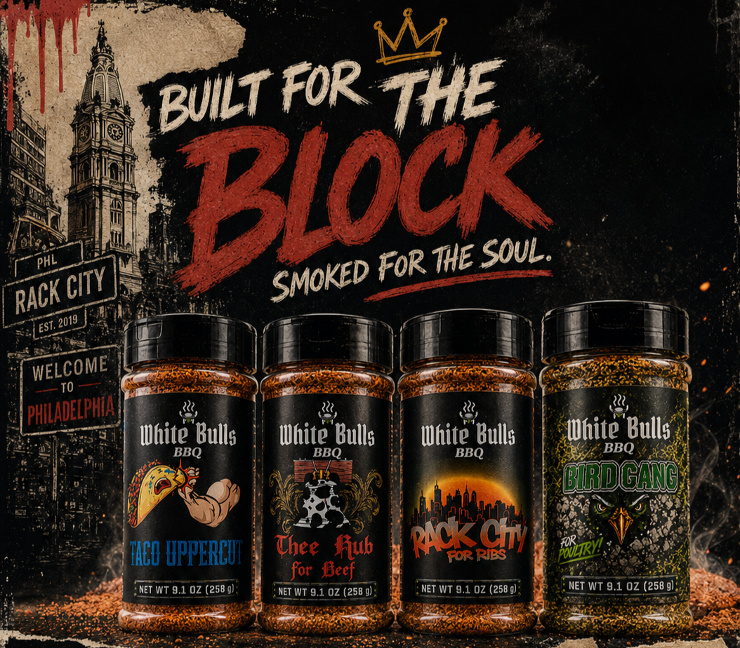 Philadelphia local Small business White Bulls BBQ rubs lined up.